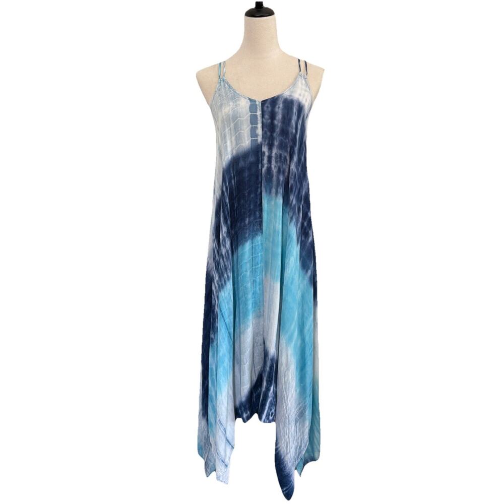 Lovestitch Dress Womens Small Blue Tie Dye Handerkerchief Hem Rayon Boho Flowy